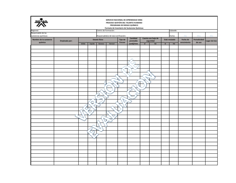 Formato Inventario de Sustancias Químicas.