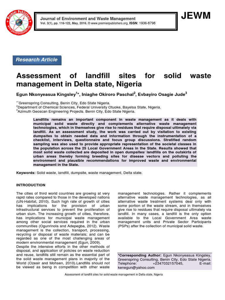Assessment of Landfill Sites For Solid Waste Management in Delta State ...