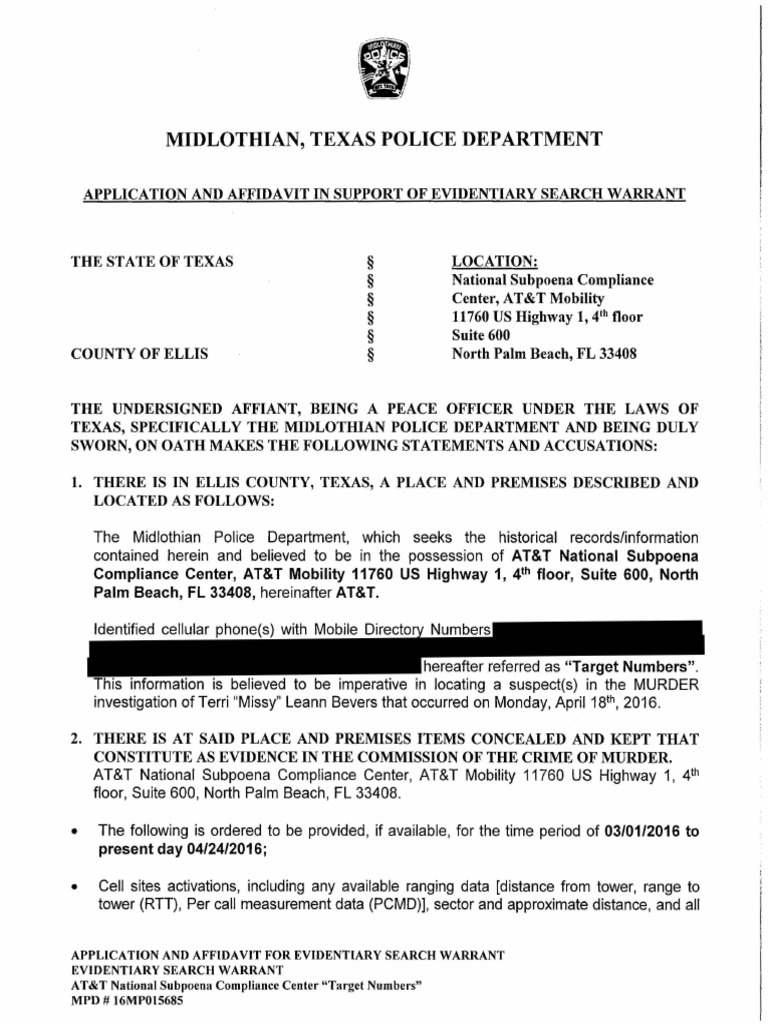 ATT Warrant Dated April 25 Mobile Phones Affidavit