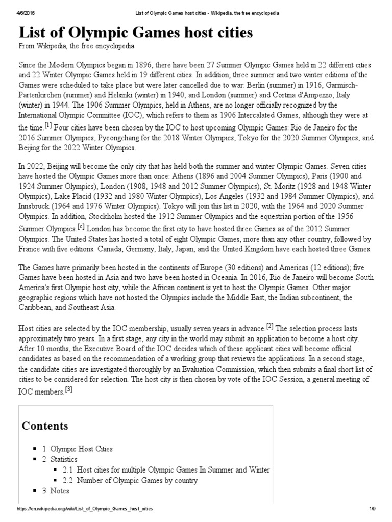 List of Olympic Games Host Cities Wikipedia, The Free Encyclopedia