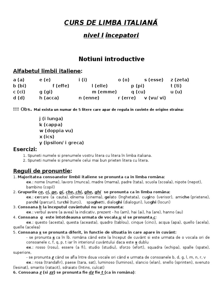 Curs de Limba Italiana - Nivel 1 Incepatori | PDF