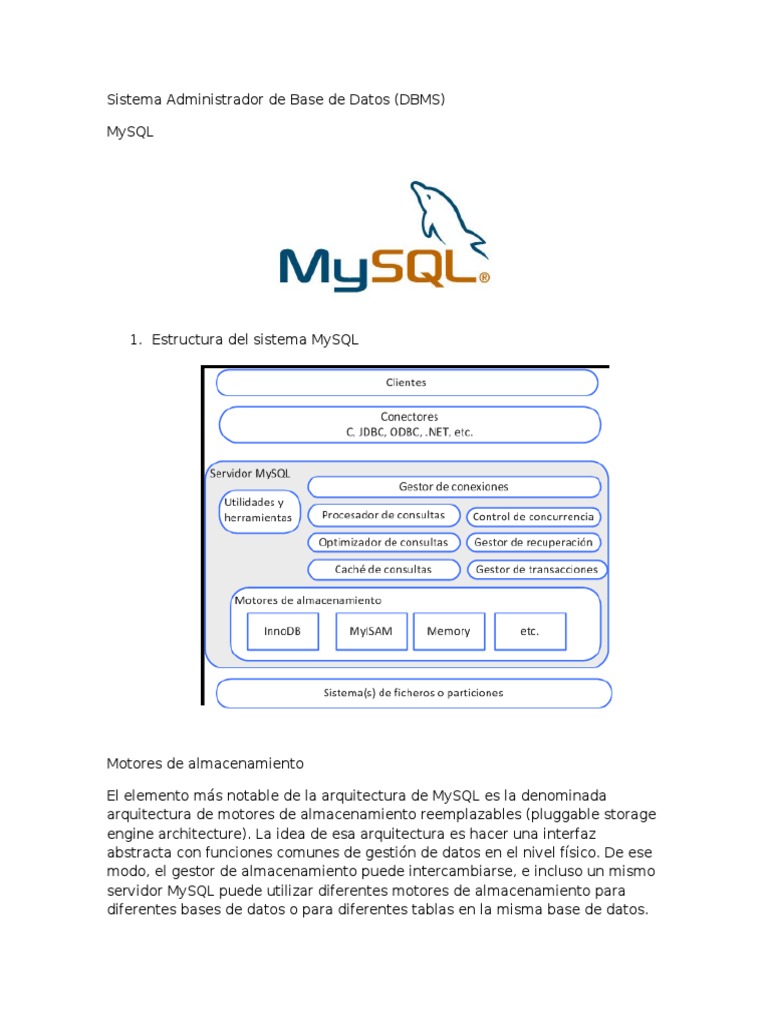 Arquitectura y Motores de MySQL DBMS | PDF | Mi sql | Bases de datos