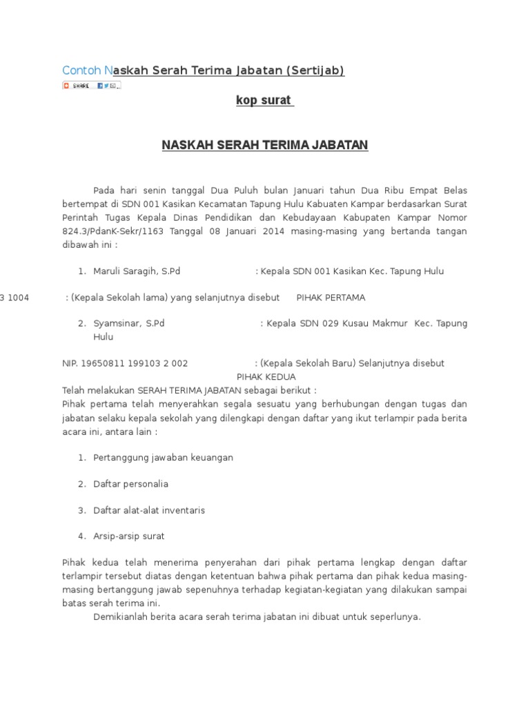 Contoh Naskah Serah Terima Jabatan | PDF