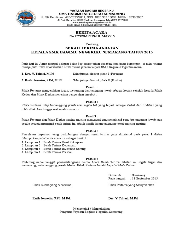 Berita Acara Serah Terima Jabatan Kepsek Smkbn