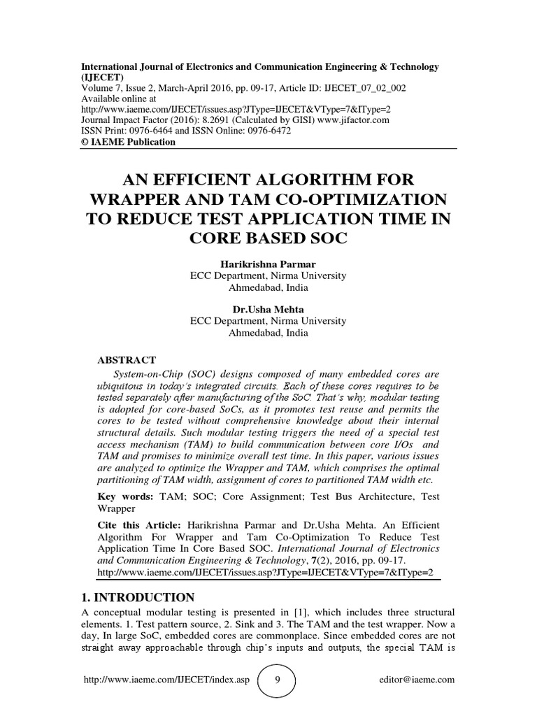 An Efficient Algorithm For Wrapper and Tam Co-Optimization To Reduce ...