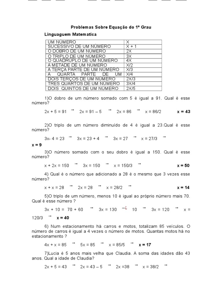EXERCÍCIOS RESOLVIDOS PROBLEMAS DE EQUAÇÃO DO 1º Grau | PDF | Equações ...