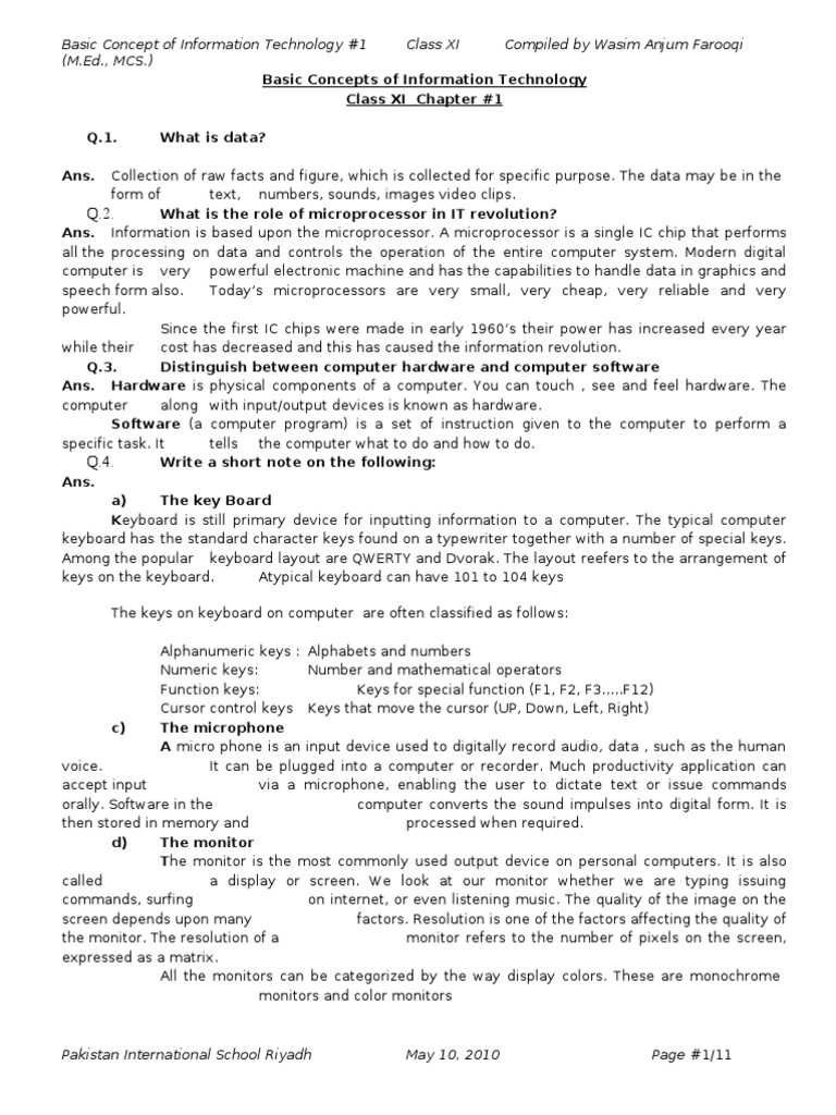 Computer Notes THEORY Chapter 1 Class XI Complete Computer Data