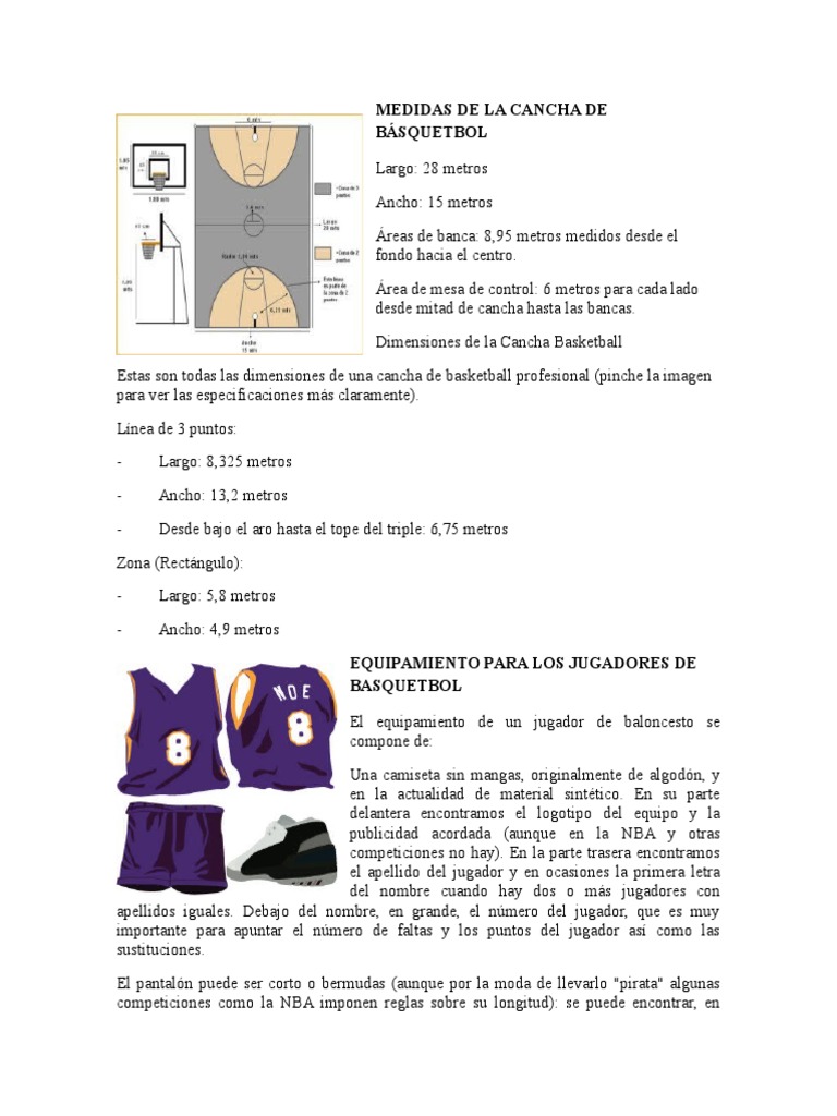 Medidas de La Cancha de Básquetbol | PDF | Posiciones de baloncesto |  Árbitro