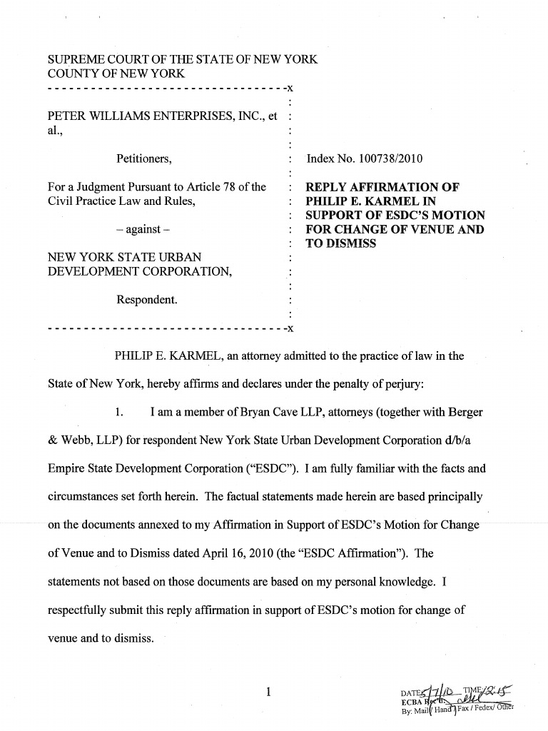 Reply Affirmation by Philip Karmel Regarding ESDC Motion For Change of  Venue | PDF | Lawsuit | New York Supreme Court