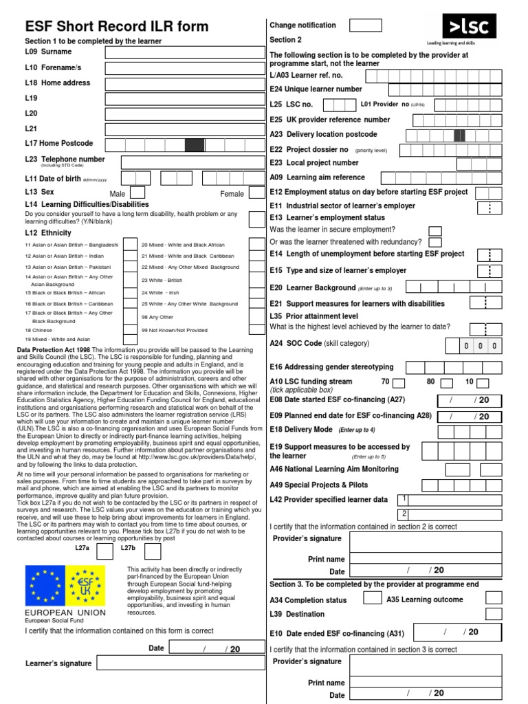 ESF Short Record ILR Form 2007/08 | PDF