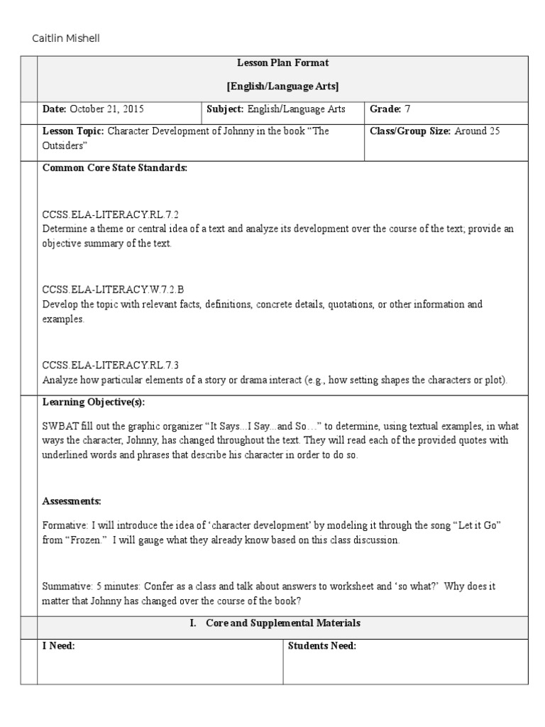 Johnny's Character Development in ELA | PDF | Lesson Plan | English ...