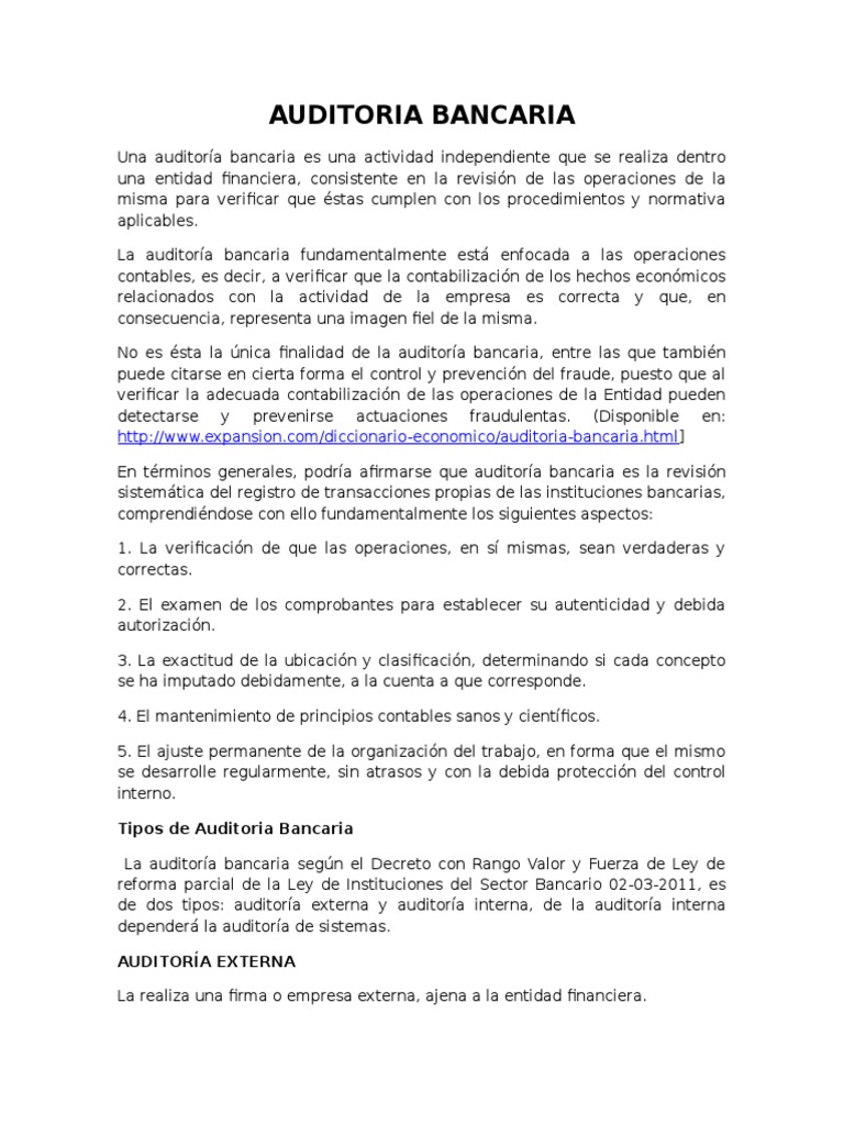 Auditoria Bancaria Pdf Auditoría Financiera Contralor