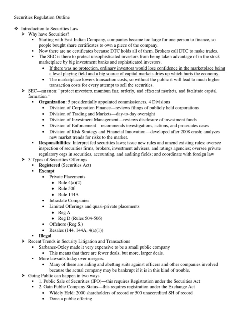 Overview of Securities Regulation Law | PDF | Securities Act Of 1933 ...