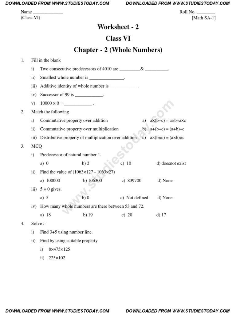 Class 6 Maths Worksheet: Whole Numbers | PDF