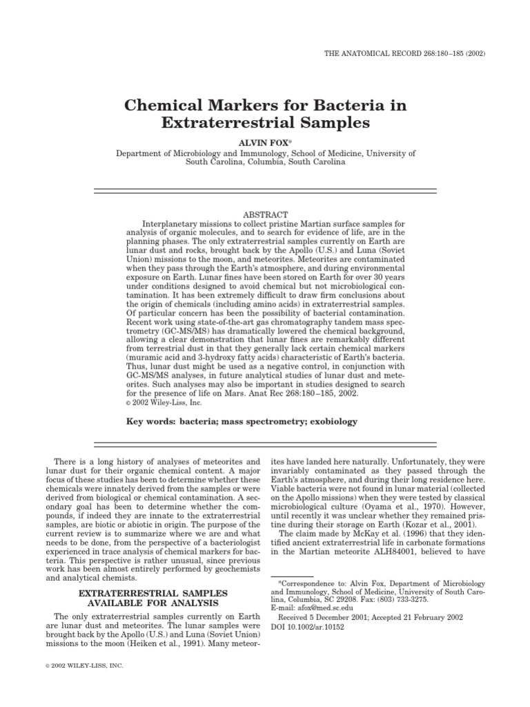 Chemical Markers For Bacteria in Extraterrestrial Samples Alvin Fox