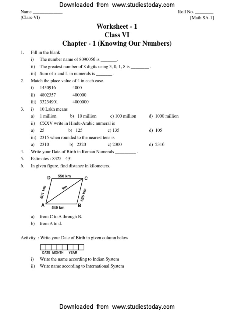 Worksheet For Class 6 Maths Knowing Our Numbers