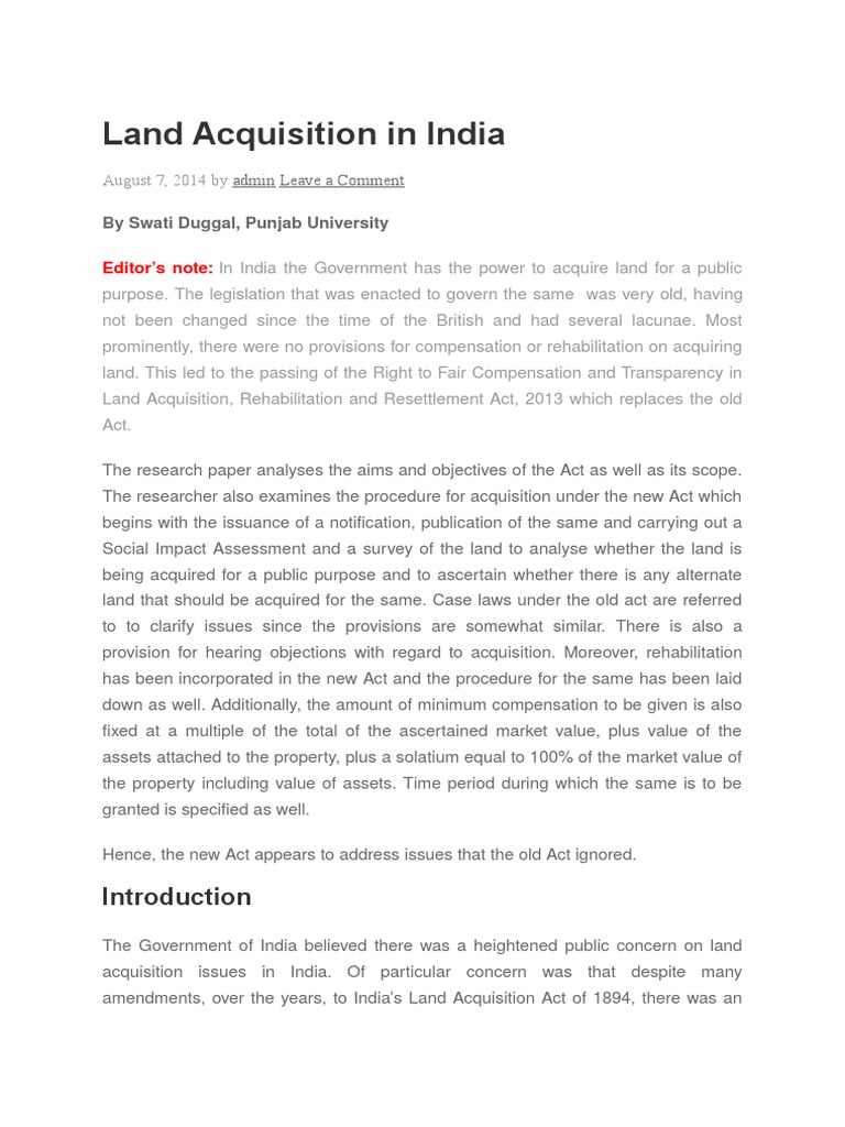 Land Acquisition Act 2013 Overview | PDF | Eminent Domain | Legal ...