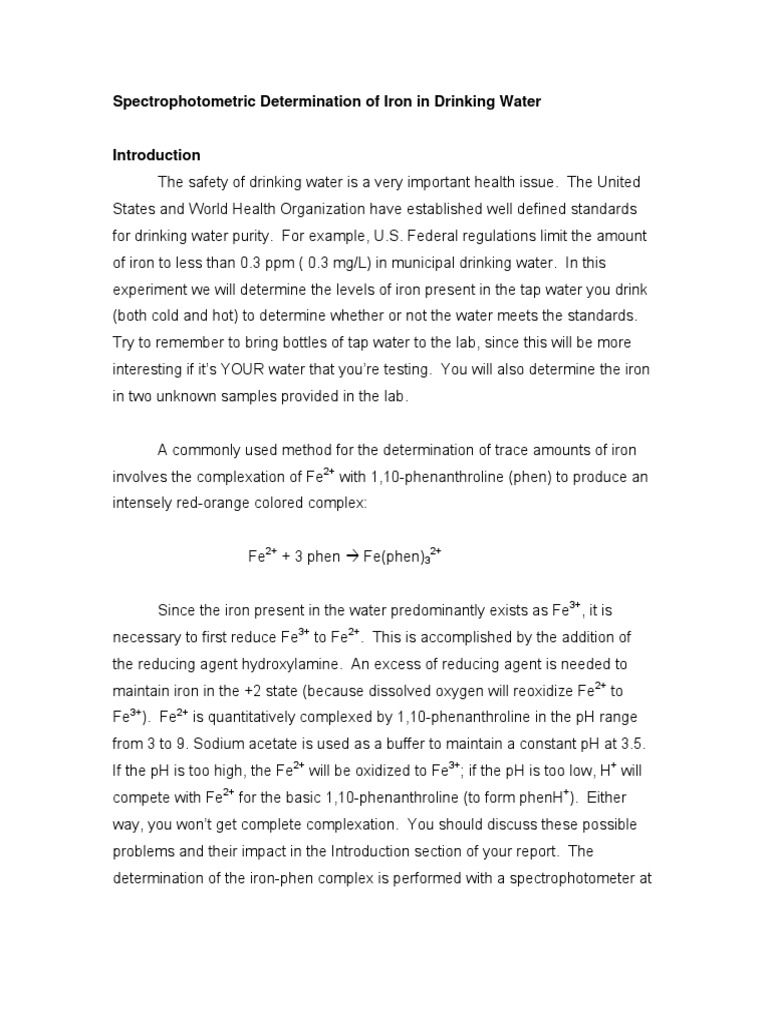 Spectrophotometric Determination of Iron in Drinking Water | PDF ...