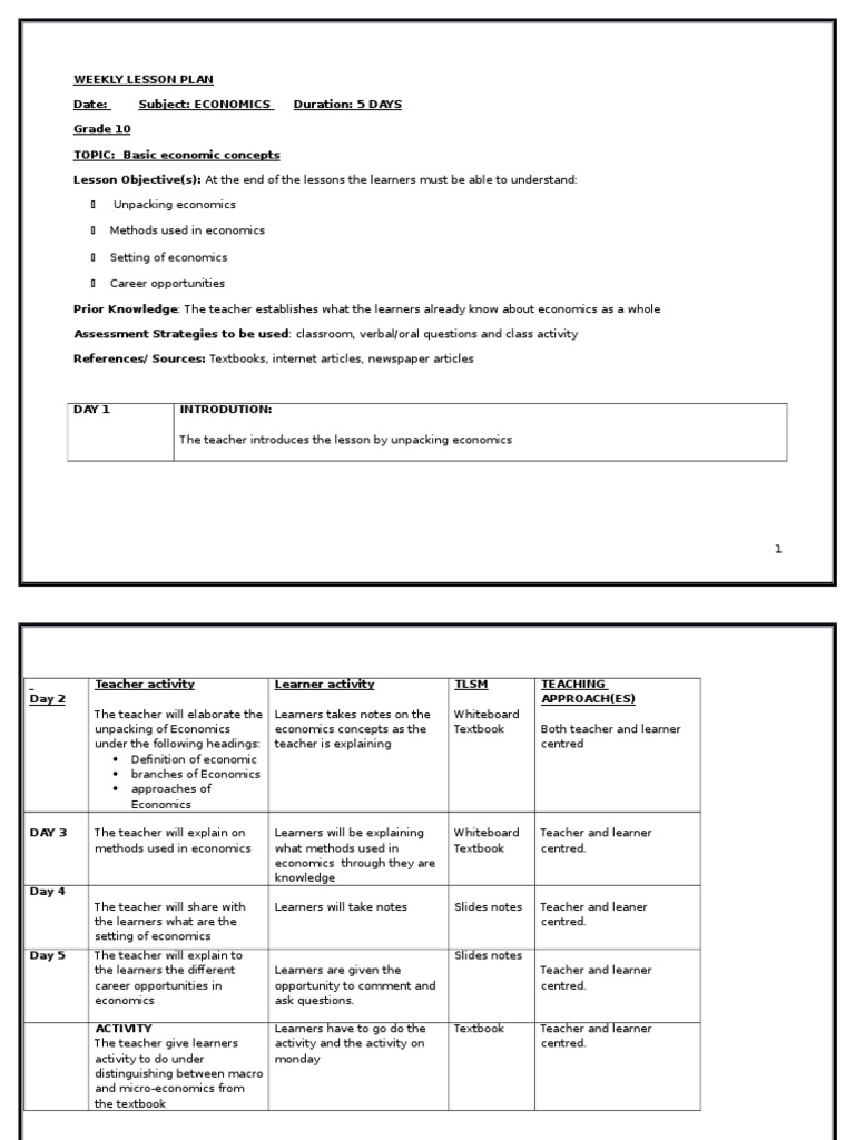 Grade 10 Economics Lesson Plan | PDF