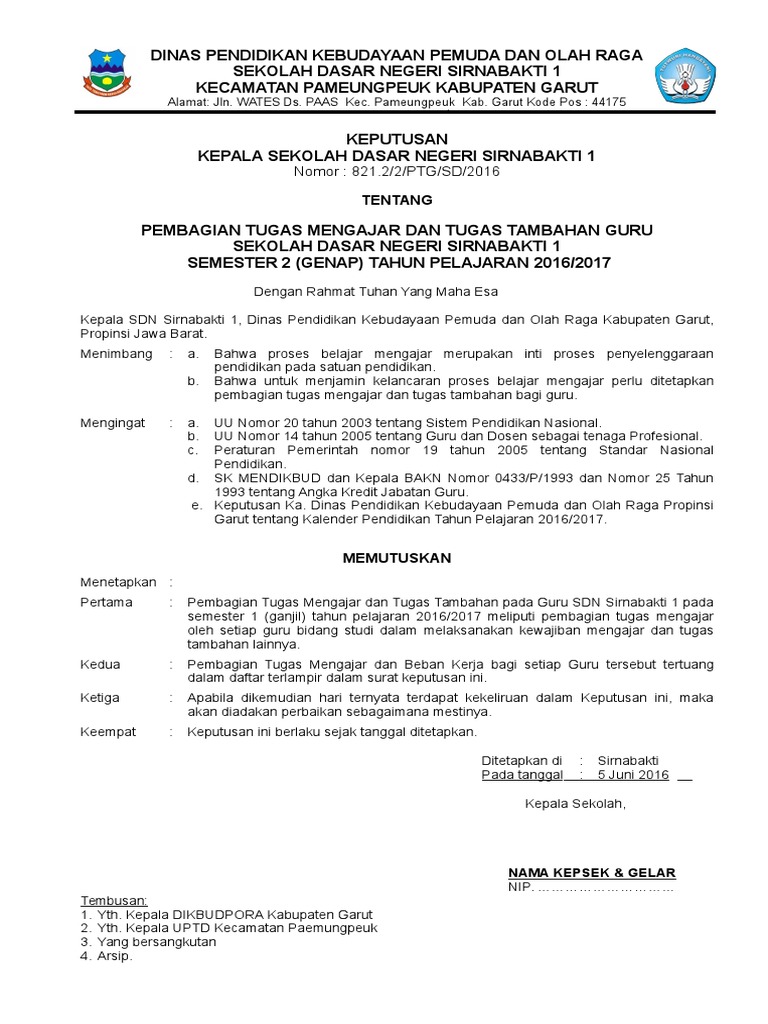 CONTOH SK PEMBAGIAN TUGAS GURU FORMAT TERBARU 2016