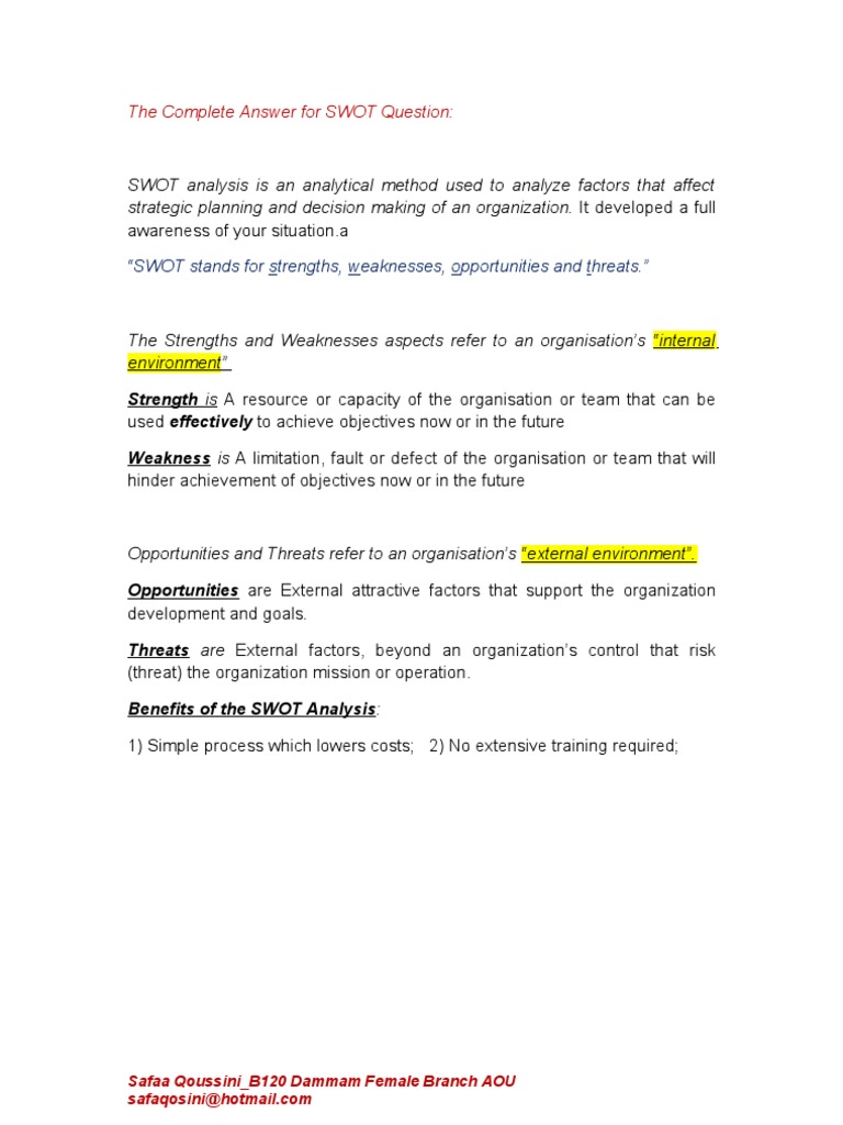 SWOT Question Complete Answer | PDF