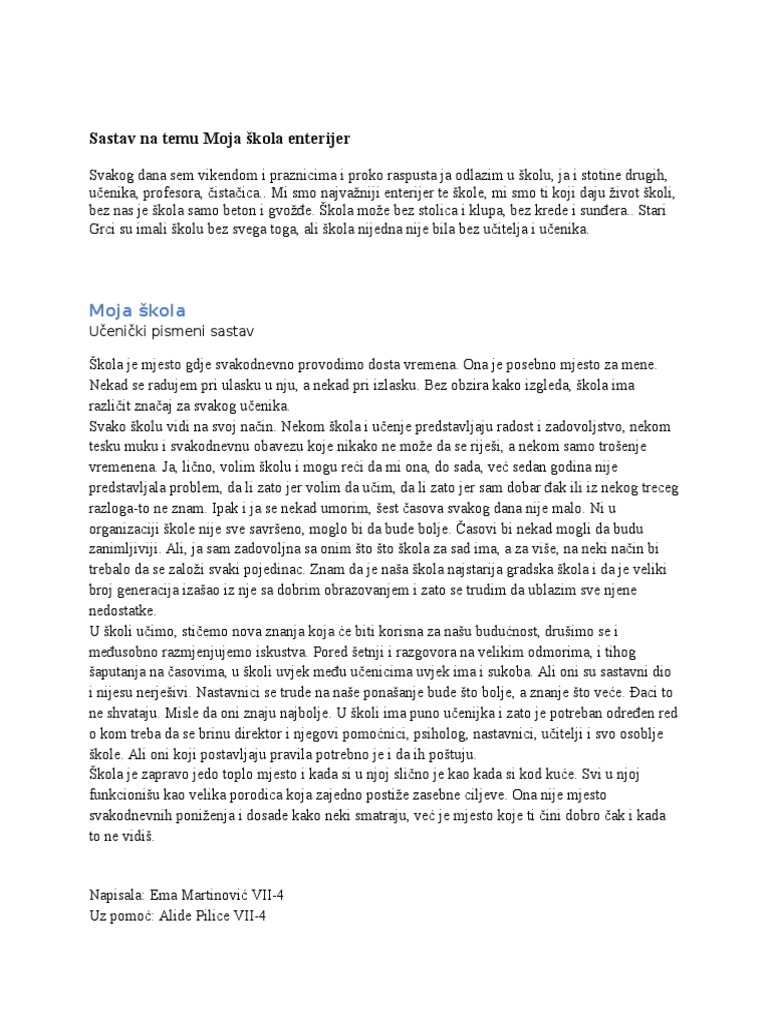 Sastav Na Temu Moja Škola Enterijer PDF