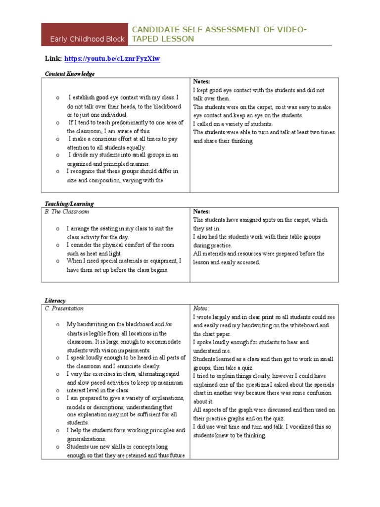 Self-Assessment of Early Childhood Lesson | PDF | Classroom ...