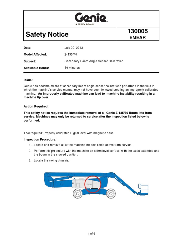 Z-135/70 Boom Lift Calibration Notice | PDF | Business | Computers