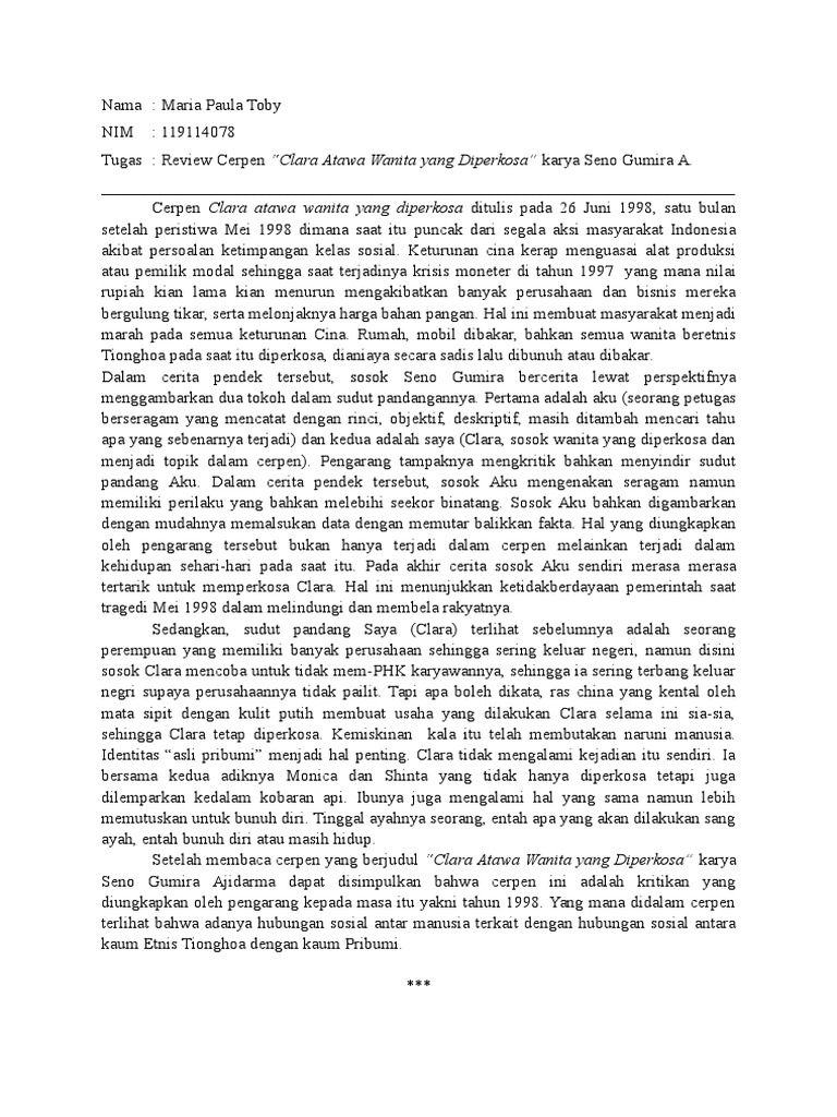 Review Cerpen “Clara Atawa Wanita yang Diperkosa” karya