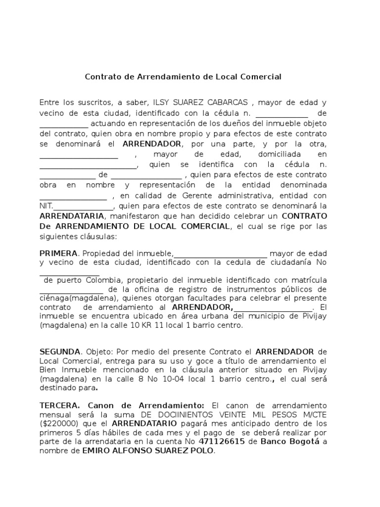 Ejemplo Contrato De Arrendamiento De Local Comercial