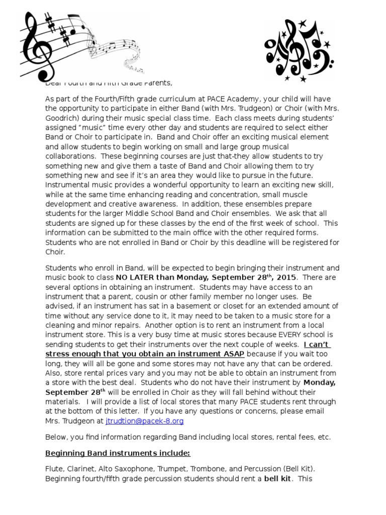 Fourth and Fifth Grade BandChoir Letter To Parents in Orientation