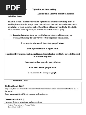 activity plan- pen pal letters