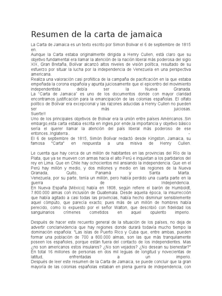 Resumen de La Carta de Jamaica PDF Imperio español Venezuela