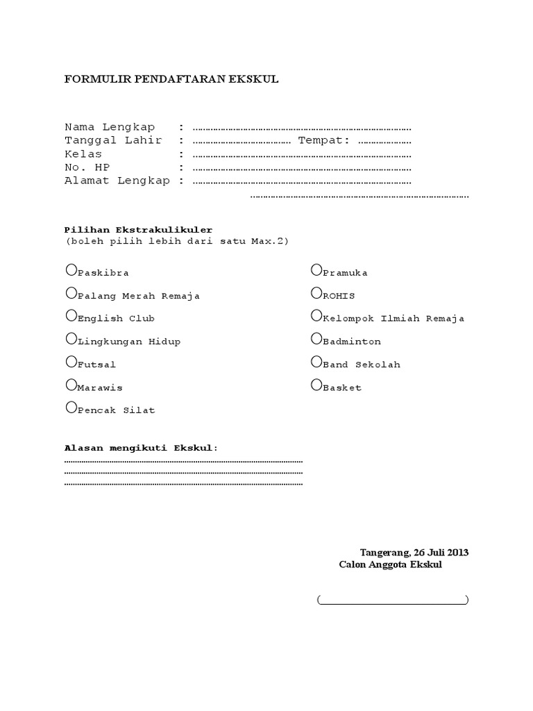Formulir Pendaftaran Ekskul Pdf