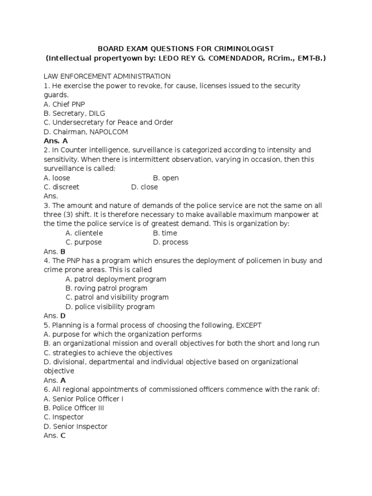 Board Exam Questions With Answers Police Officer Police