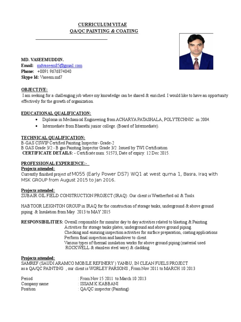 QA/QC Painting & Coating Inspector CV | PDF | Quality Assurance | Paint