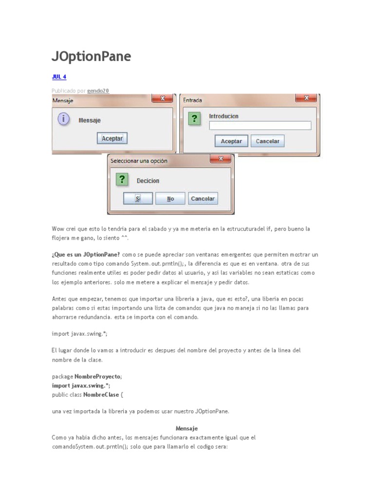 j Option Pane Java (lenguaje de programación) Cadena (informática)