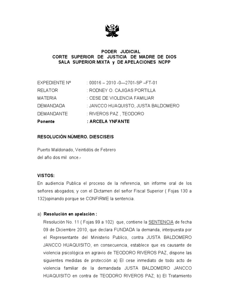 Nula Sentencia Violencia Familiar - 2016 PDF | Ley procesal | Demanda ...