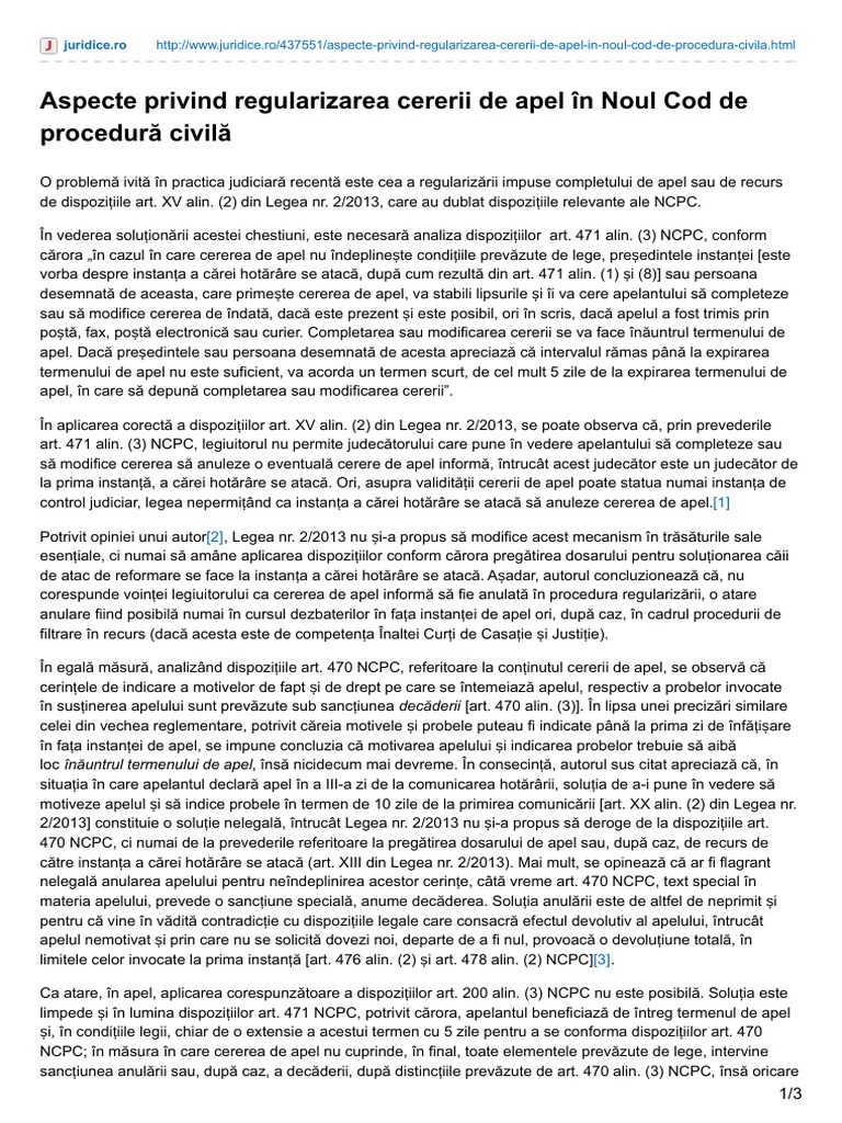 Aspecte Privind Regularizarea Cererii De Apel In Noul Cod De ProcedurÄ CivilÄ