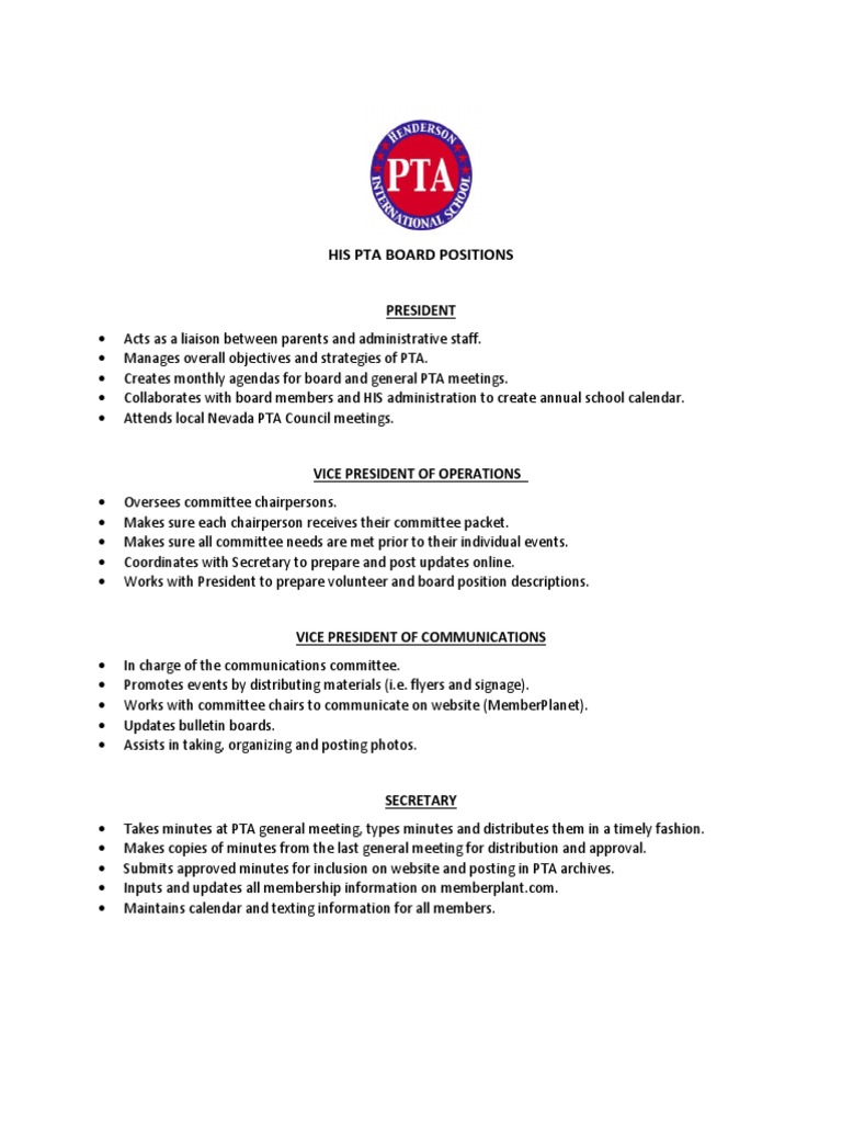 PTA Board Descriptions Secretary Chairman