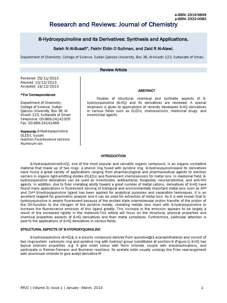 8-Hydroxyquinoline: Synthesis & Uses | PDF | Amyloid Beta | Oled