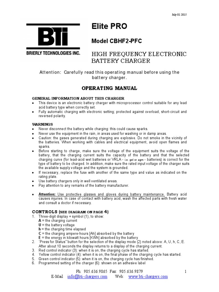 Elite PRO CBHF2-PFC Charger Manual | PDF | Battery Charger | Electricity