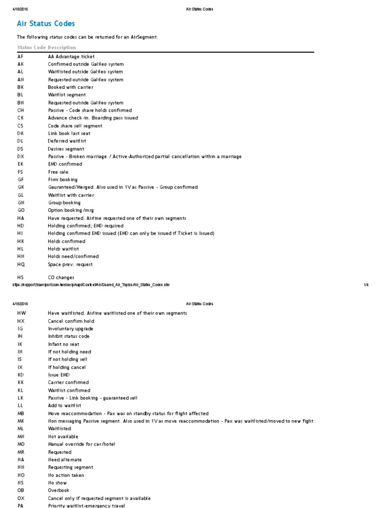 Air Status Codes PDF Airlines Aviation