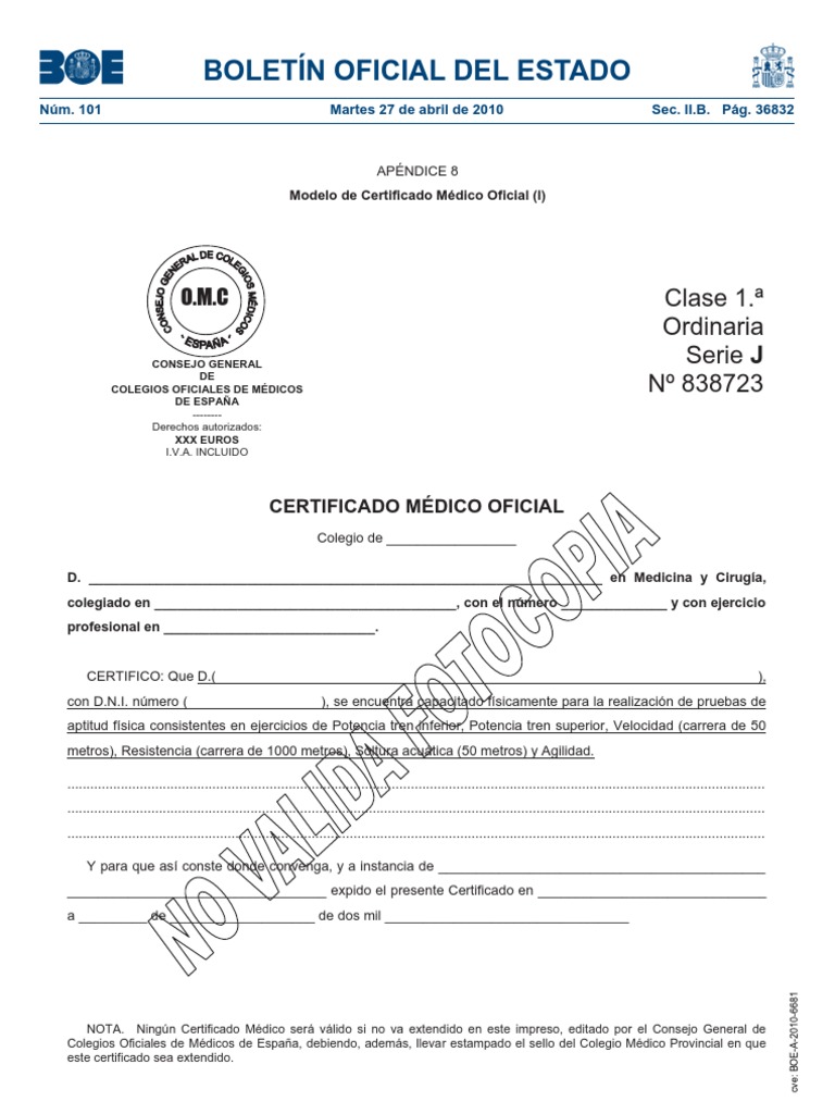 Modelo de Certificado Médico Oficial Ciencia militar