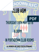 Club Agm: Thursday 19Th May 2016 8.30PM in Portadown Club Rooms