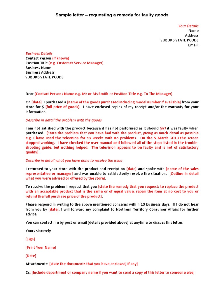 Letter of Complaint Requesting A Remedy For Faulty Goods PDF