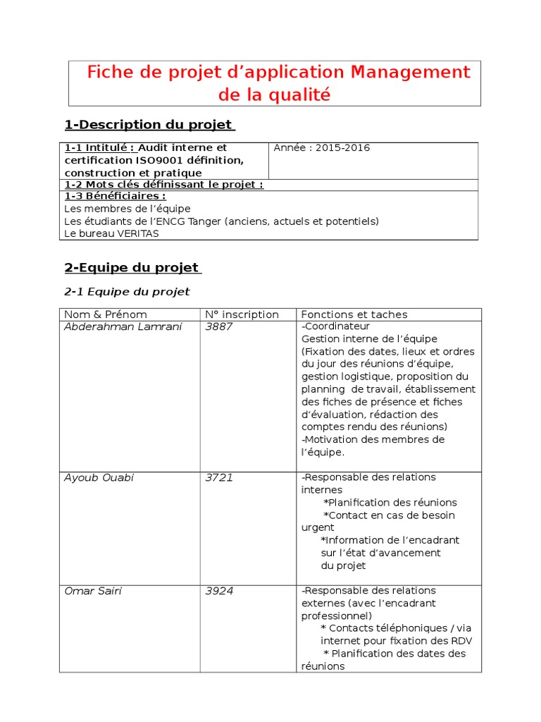 Fiche de Projet  Management de la qualité  Audit