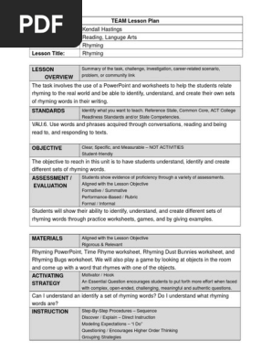 Team Rhyming Lesson Plan Educational Assessment Lesson Plan