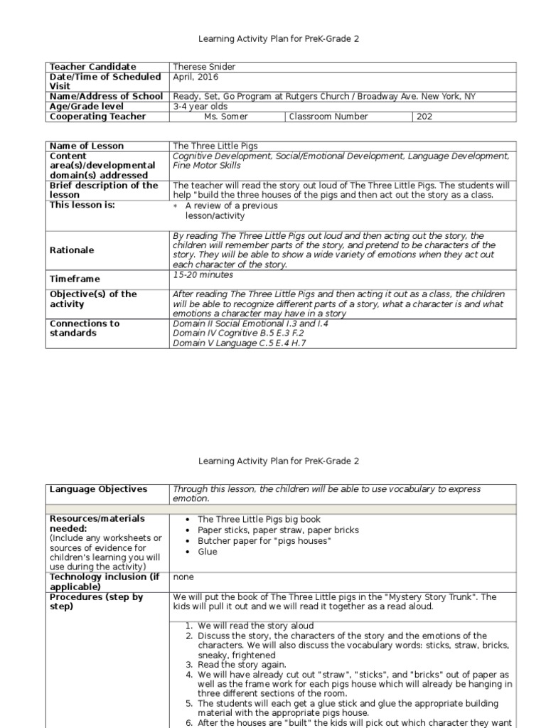 The Three Little Pigs Lesson Plan Therese Snider Quality Of Life Cognition