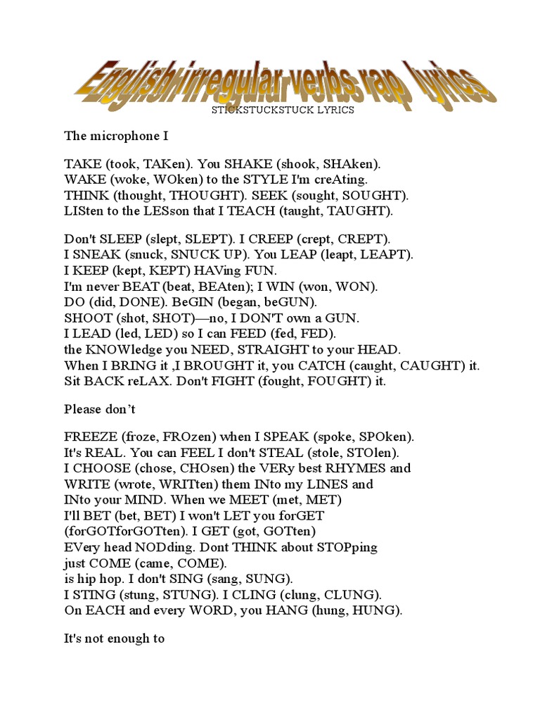 Englis Irregular Verbs Rap Lyrics 1 2